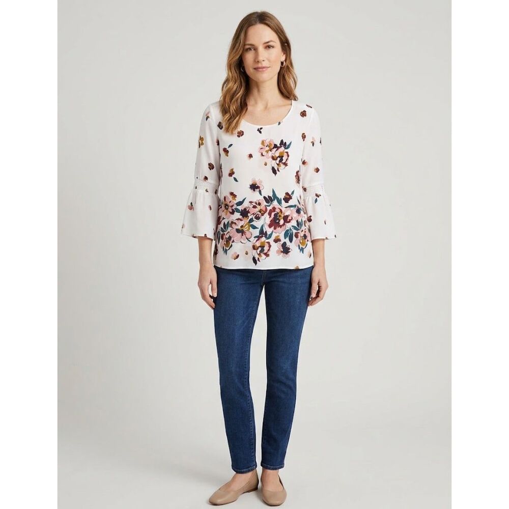 AAnn Taylor Floral Bell Sleeve Blouse Pink Burgundy White Sz S Boho Romantic